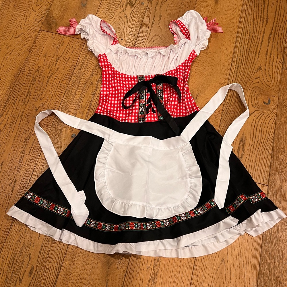 Elegant Red and Black Dirndl with White Apron